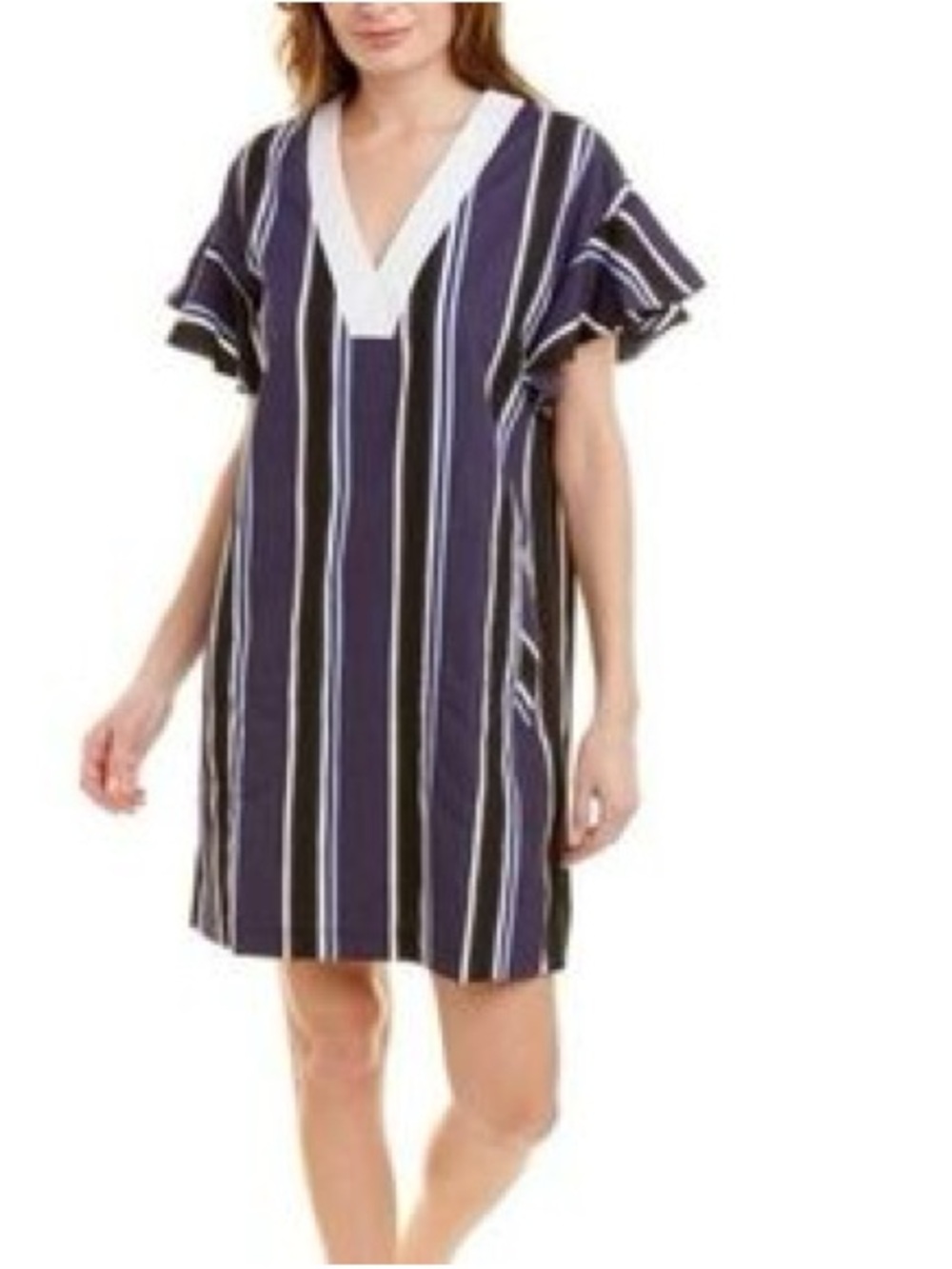 Pearl by Lela Rose Striped Ruffle Sleeve Sheath Mini Dress
